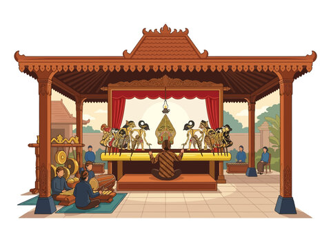 Wayang Kulit shadow puppet performance with dalang and gamelan