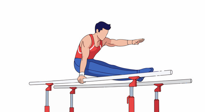 Male gymnast performing a routine on the parallel bars with arms extended