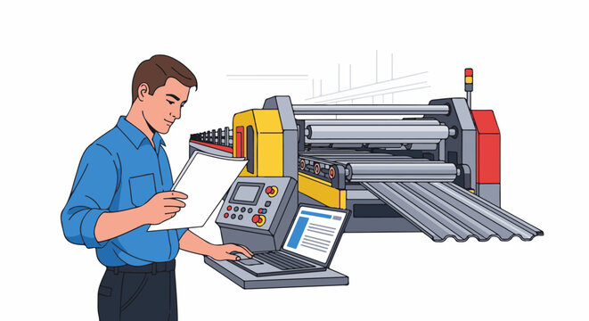 Man checks papers near automated industrial sheet metal forming machine