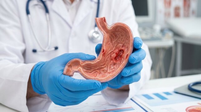 Doctor demonstrates a model of a stomach with ulcers and lesions