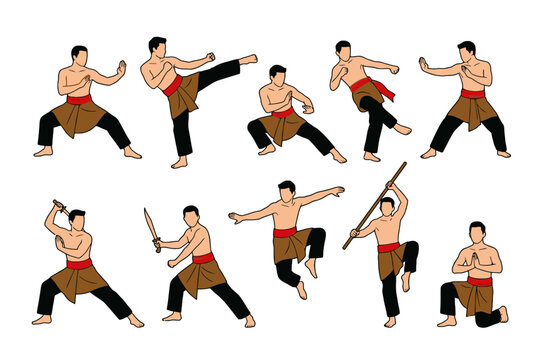 Pencak Silat Indonesian Martial Arts Poses Set with Weapons