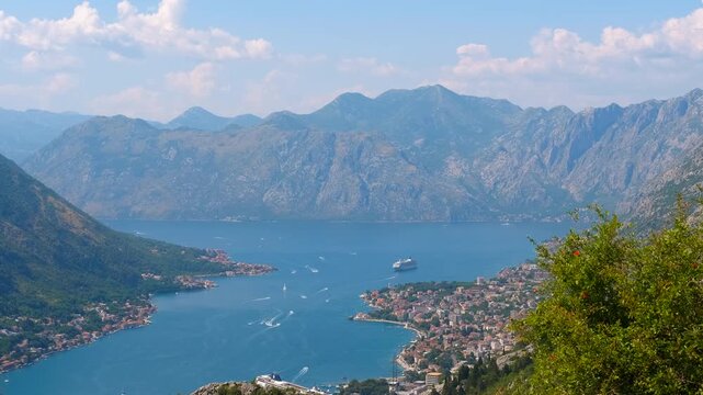 Spectacular aerial view of the bay of kotor montenegro. Stunning panoramic view of the bay of kotor, with the historic town and majestic mountains surrounding the serene adriatic sea