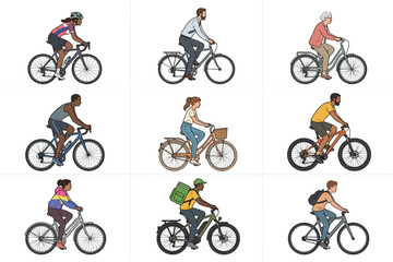 Obraz premium Diverse people riding various types of bicycles collection