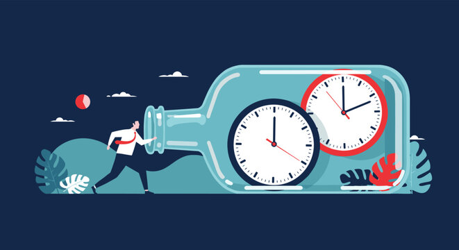 Determined businessman running into giant glass bottle containing two clocks representing time management and escaping the constraints of deadlines.