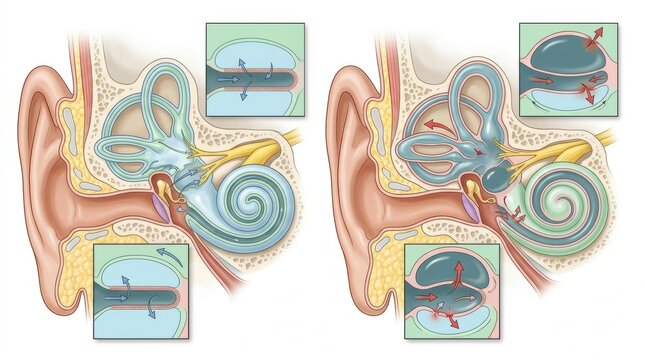 Diagram illustrating the anatomy and function of the human ear's inner structures