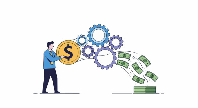 Man with coin interacting with gears, generating money