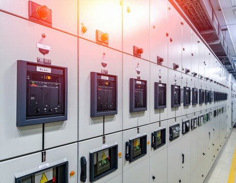An industrial server room contains fiber optic cables, a network hub, and patch panels to control electrical equipment and computer switches inside the power box