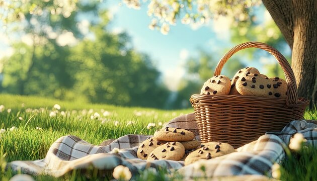 A picnic scene with a basket filled with chocolate chip cookies and a blanket spread out on the grass. 