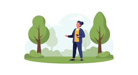A woman stands in a green park, holding her phone and gazing upward, surrounded by simplified trees and bushes under a bright, cloudy sky. © Malik