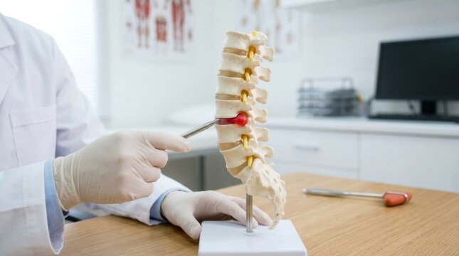 Doctor demonstrating a herniated disc on a spine model with a reflex hammer