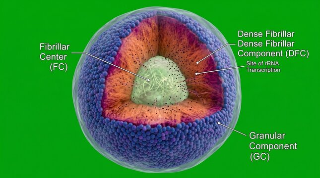 Detailed 3D Medical Illustration of Cell Nucleolus Structure with Fibrillar Center and Dense Fibrillar Component