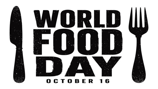World Food Day emblem features a knife and fork flanking bold typography.