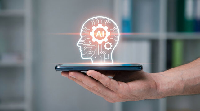 Artificial intelligence concept with glowing AI head icon on smartphone, digital brain and machine learning technology, futuristic mobile data processing