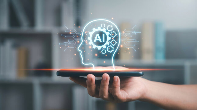 Artificial intelligence concept with glowing AI head icon, digital brain technology on smartphone, futuristic machine learning interface