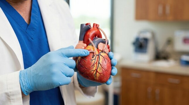 Doctor demonstrates human heart anatomy model in a medical office setting
