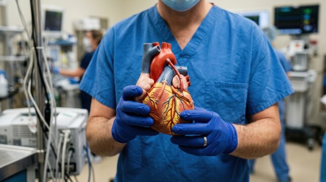Surgeon in blue scrubs holds anatomical heart model in operating room