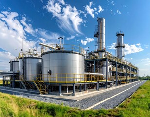 Obraz premium An industrial petrochemical oil refinery plant illuminates the night and morning sky, emitting steam and smoke from factory chimneys and towers during fuel production