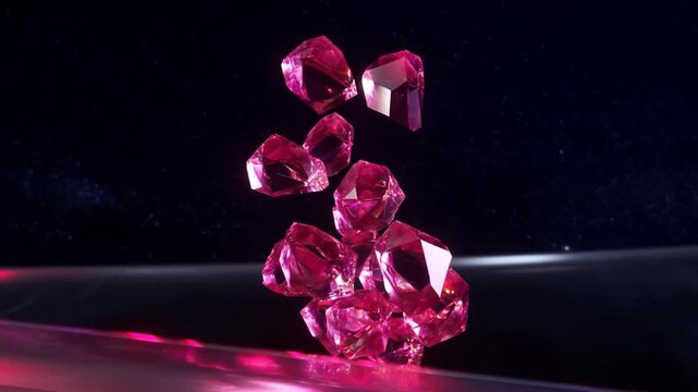 Slow motion closeup of pink crystals tumbling and stacking on reflective surface with starry background