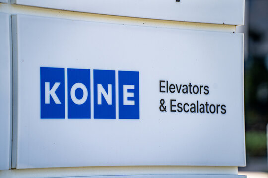 Close up of KONE Elevators and Escalators sign. Markham, Canada - May 30, 2026.