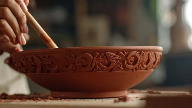 Ceramic bowl with ornate carvings is crafted with a wooden tool