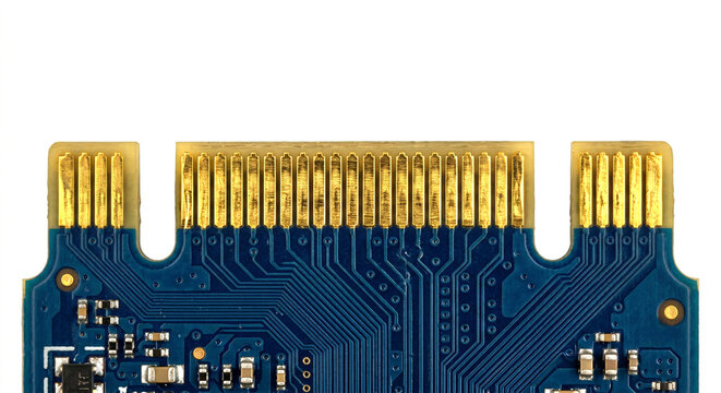 Macro of an M.2 NVMe solid state drive contact edge. Microscopic gold-plated pins on a dark blue circuit board. High-tech component isolated on white.