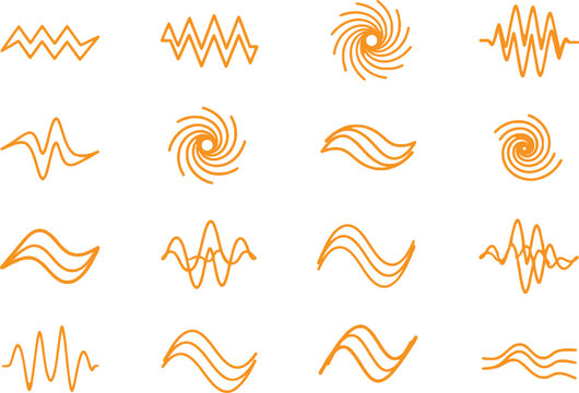 Collection of orange wave and spiral shapes for sound audio symbols and abstract design elements