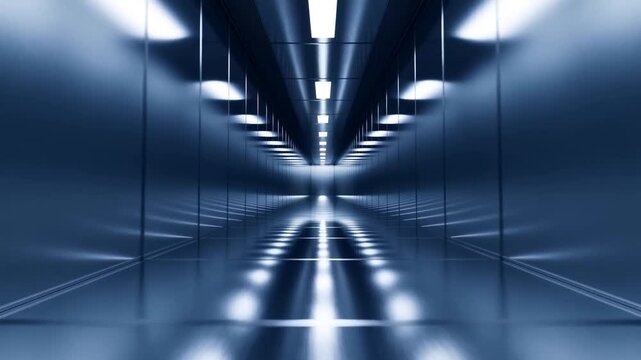Tracking shot forward through reflective mirrored corridor with converging ceiling lights and glossy floor in futuristic indoor interior passage