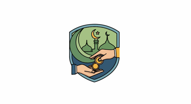 Islamic charity and donation concept with crescent, mosque, and hands exchanging coins