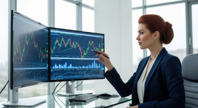 A businesswoman in a suit, working on a computer with multiple monitors displaying financial data.