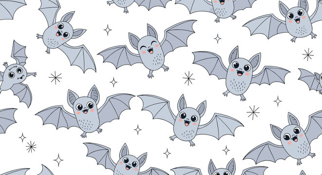 Playful and cute seamless pattern of smiling grey bats flying among twinkling stars against a white background for halloween.