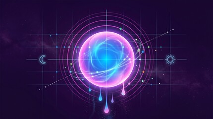 Obraz premium Glowing Pink and Blue Sphere with Geometric Patterns on Dark Purple Background — Abstract Futuristic Design