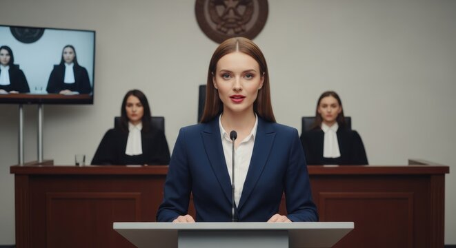 A woman in a blue suit standing at a podium in a courtroom setting.