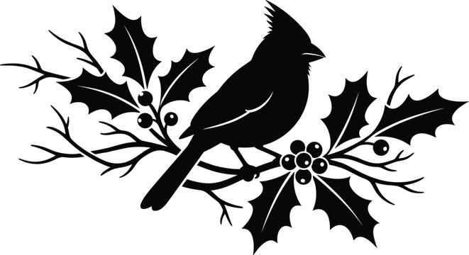 Cardinal bird on holly branch with berries winter silhouette vector