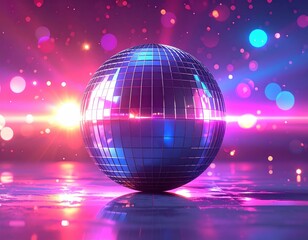 Obraz premium A colorful disco ball with bright glowing lights and a star-filled space backdrop creates a vibrant night party design illustration