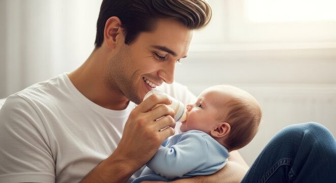 A man and a baby sitting on a couch, the baby is being fed from a bottle.