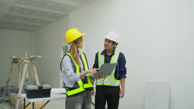 Indoor construction site hard hat safety vest worker planner laptop inspection renovation project management teamwork with two person planning and consultation in office room white area
