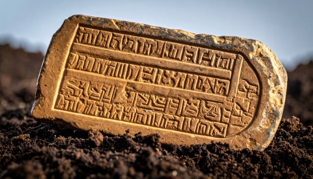 Close up of an ancient Sumerian cuneiform clay tablet fragment unearthed from dark soil