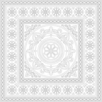 Vector square black contour ancient Russian ornament. Slavic rectangle, border, frame. Painting of the royal chambers.