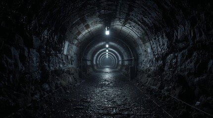 Obraz premium Dark underground mining tunnel with illuminated ceiling lights and wet stone floor industrial infrastructure concept