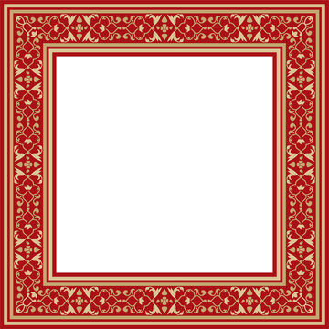 Vector gold with red square Turkish national ornament. Ottoman border, frame. Ethnic floral rectangle, Seljuk Turks pattern. Decoration of the Sultan's palaces.