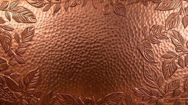 Copper embossed relief texture with botanical leaf frame and hammered metal background for luxury design concept