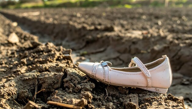 A delicate, tiny pink child's shoe lying abandoned and worn in a muddy rut on the ground