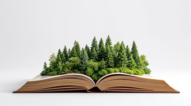 Green forest growing from open book pages on white background environmental education concept