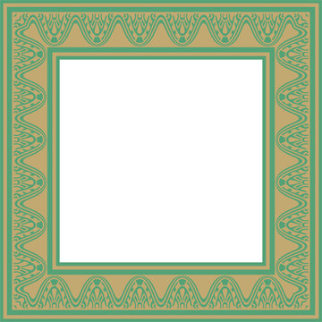 Vector square Assyrian gold with green ornament. Rectangle, border, frame of Mesopatamia. Pattern of the ancient East.