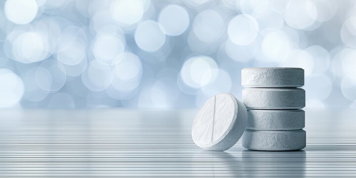 Stack of white pills with one tilted beside them, soft bokeh background
