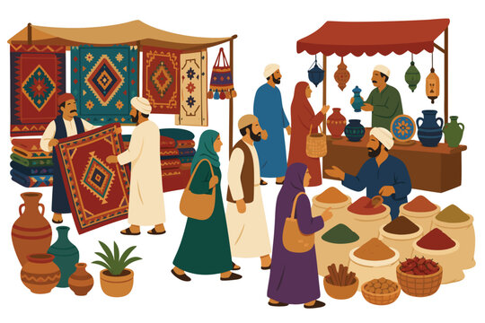 Vibrant flat vector illustration of a bustling traditional oriental bazaar with local vendors selling colorful carpets, aromatic spices, and pottery in a lively marketplace setting and scene.