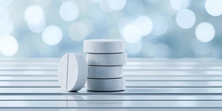 A stack of white round pills sits next to a single pill on a striped surface, soft bokeh background