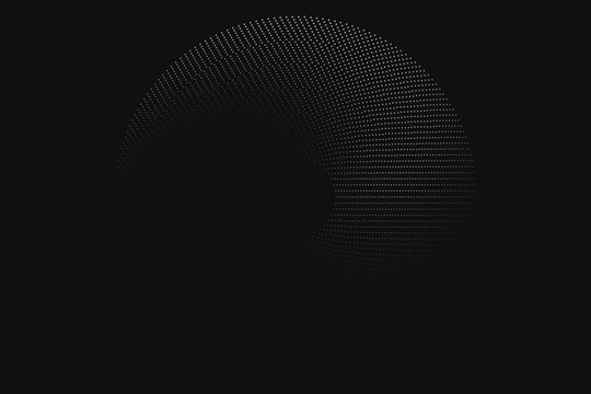 White halftone triangles swirling in a dark circular arc abstract background, pattern texture