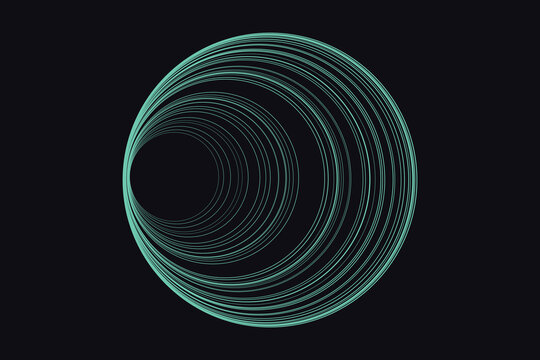 Teal wireframe sphere composed of concentric rings on dark background, abstract circle cyan