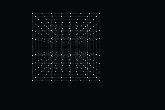 Wireframe grid with white dots receding into infinite black space abstract points